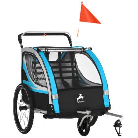 3-in-1 Bike Trailer for Kids, Running Stroller with 2 Seats, Jogging Cart with 5-Point Harness, Storage Units, Blue
