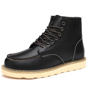 Autumn and winter men's cashmere plus large size two layer cowhide Martin boots fashion trend comfortable warm men's ankle boots (Color: Black fleece, size: 42)